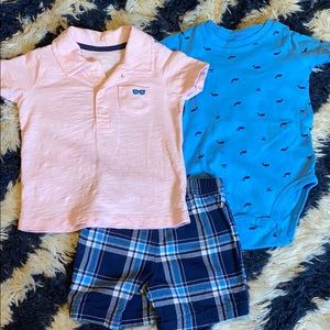 3 piece polo shirt, bodysuit and short set in pink